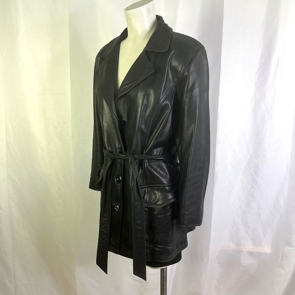 AKOURY CUIRS BLACK LEATHER COAT LAMBSKIN SOFT LEATHER BELTED SINGLE BREAST SMALL - Picture 12 of 13